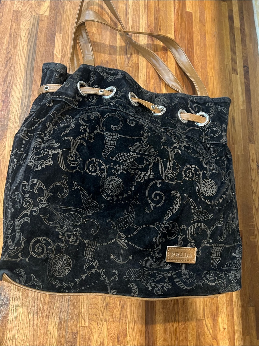 Prada Black Suede Tote with Brown Leather Handles - Picture 2 of 9